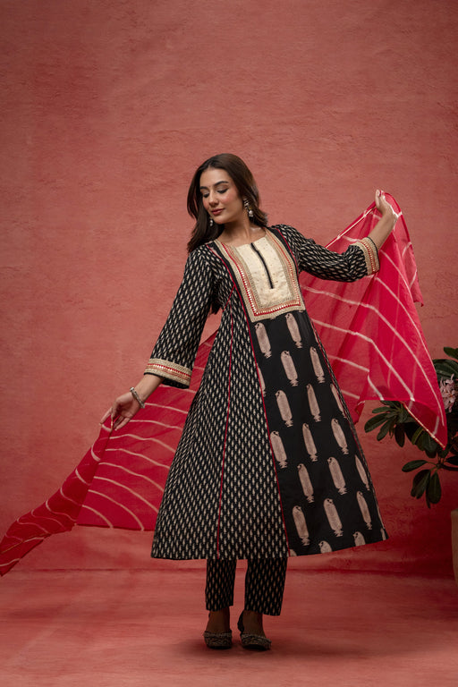 Black Cotton Suit Set Zari Sequin Work & Kota Doria Dupatta