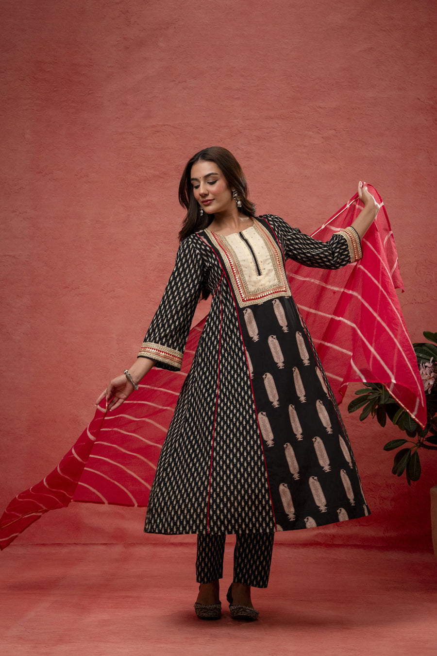 Black Cotton Suit Set Zari Sequin Work & Kota Doria Dupatta