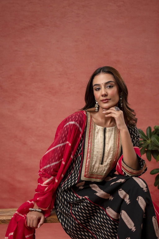 Black Cotton Suit Set Zari Sequin Work & Kota Doria Dupatta