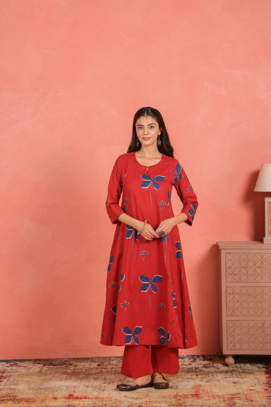 Brick Red Cotton Slub Comfort Fit A-Line Kurta with Printed Pants