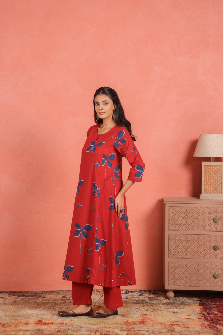 Brick Red Cotton Slub Comfort Fit A-Line Kurta with Printed Pants
