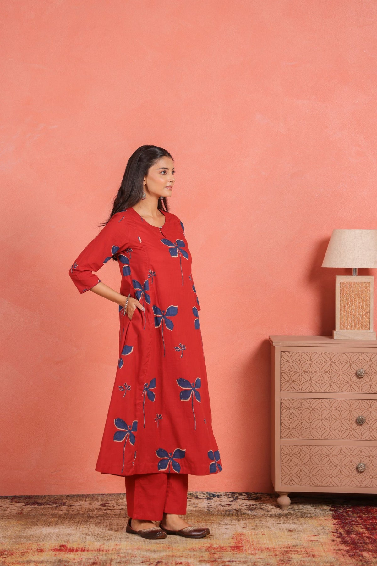 Brick Red Cotton Slub Comfort Fit A-Line Kurta with Printed Pants