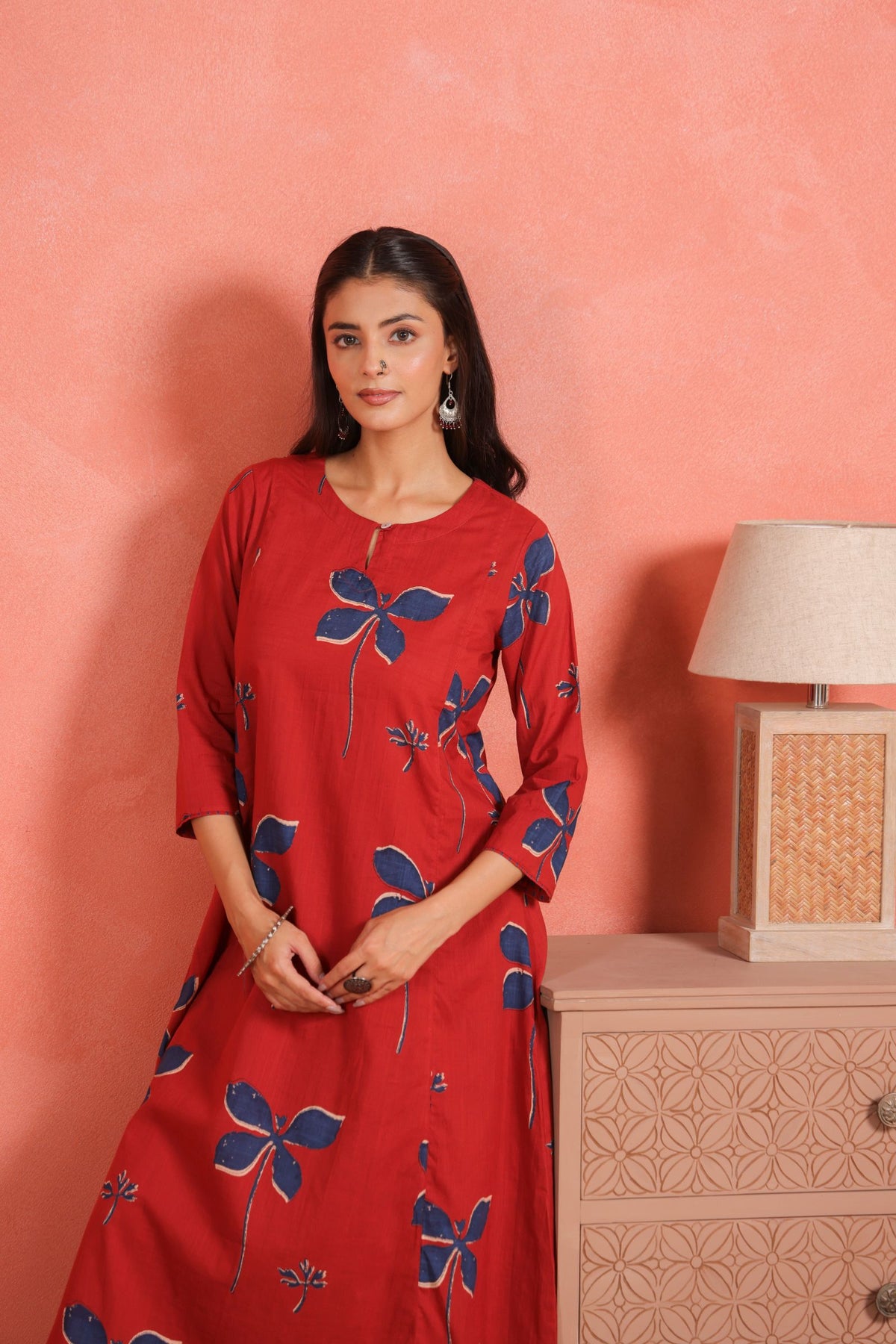 Brick Red Cotton Slub Comfort Fit A-Line Kurta with Printed Pants