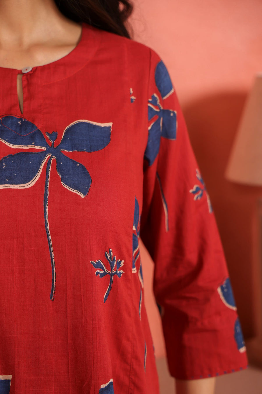 Brick Red Cotton Slub Comfort Fit A-Line Kurta with Printed Pants