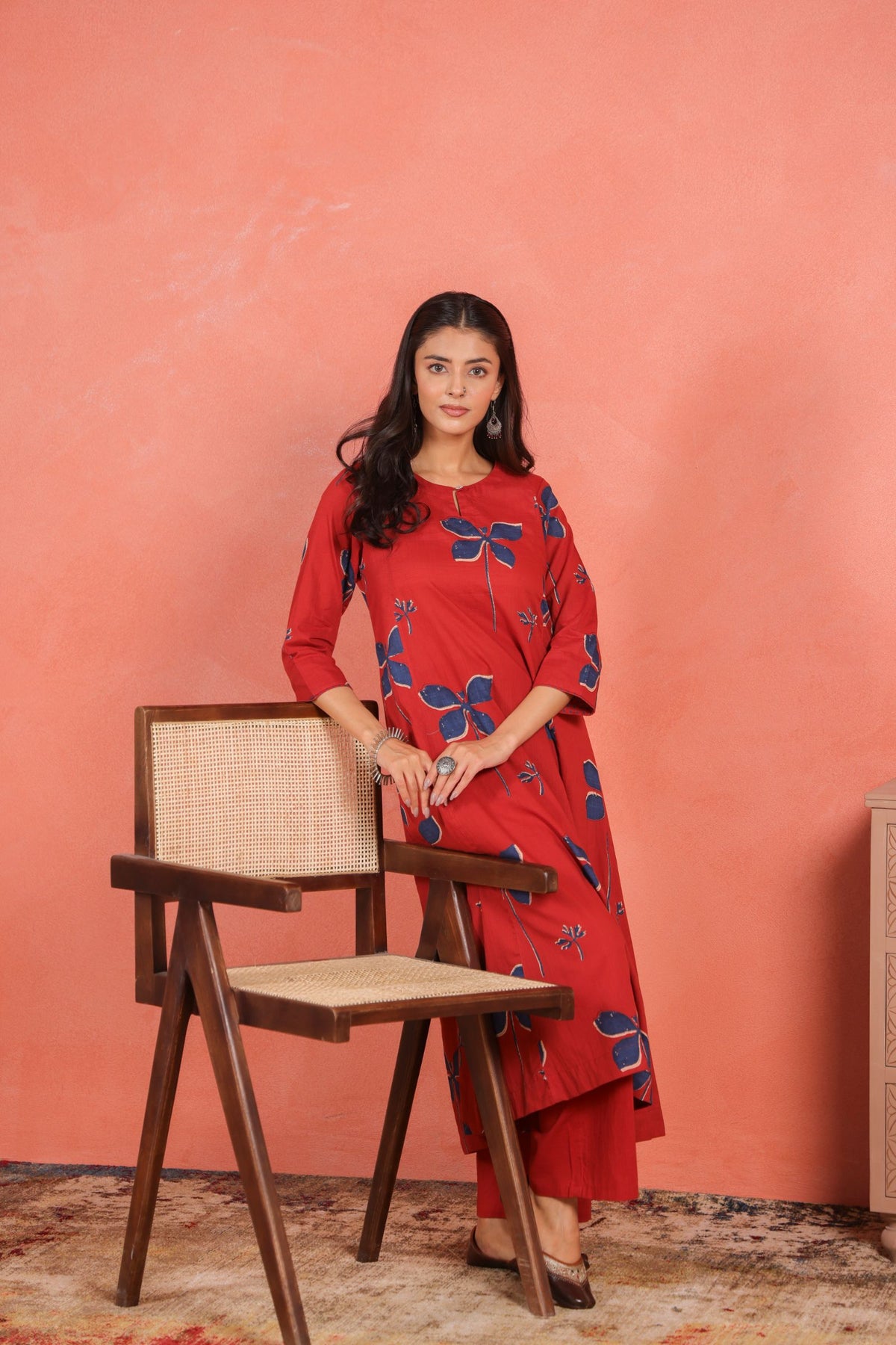 Brick Red Cotton Slub Comfort Fit A-Line Kurta with Printed Pants