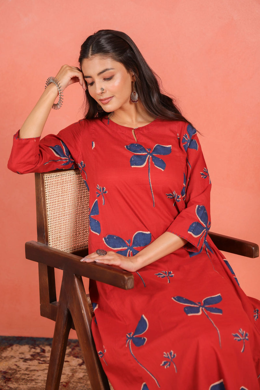 Brick Red Cotton Slub Comfort Fit A-Line Kurta with Printed Pants