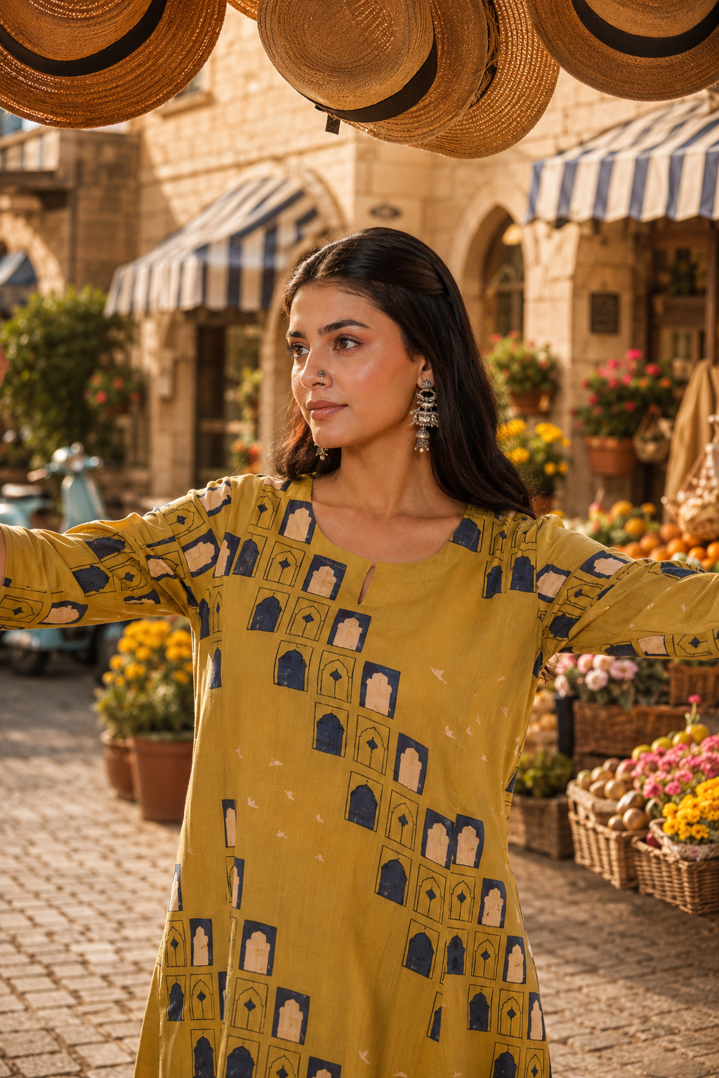 Yellow Cotton Slub Comfort Fit A-Line Kurta with Printed Pants