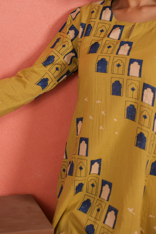Yellow Cotton Slub Comfort Fit A-Line Kurta with Printed Pants