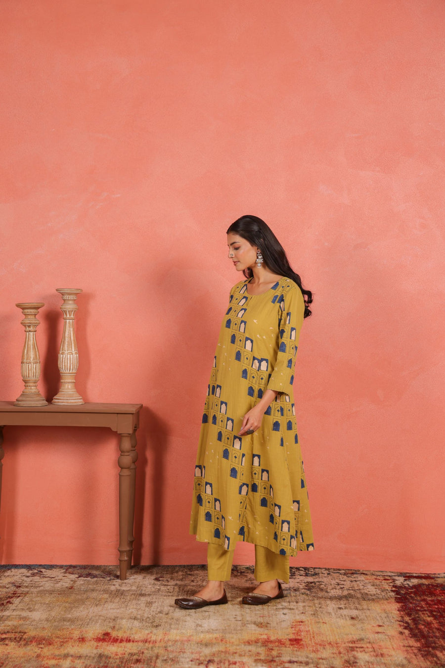 Yellow Cotton Slub Comfort Fit A-Line Kurta with Printed Pants