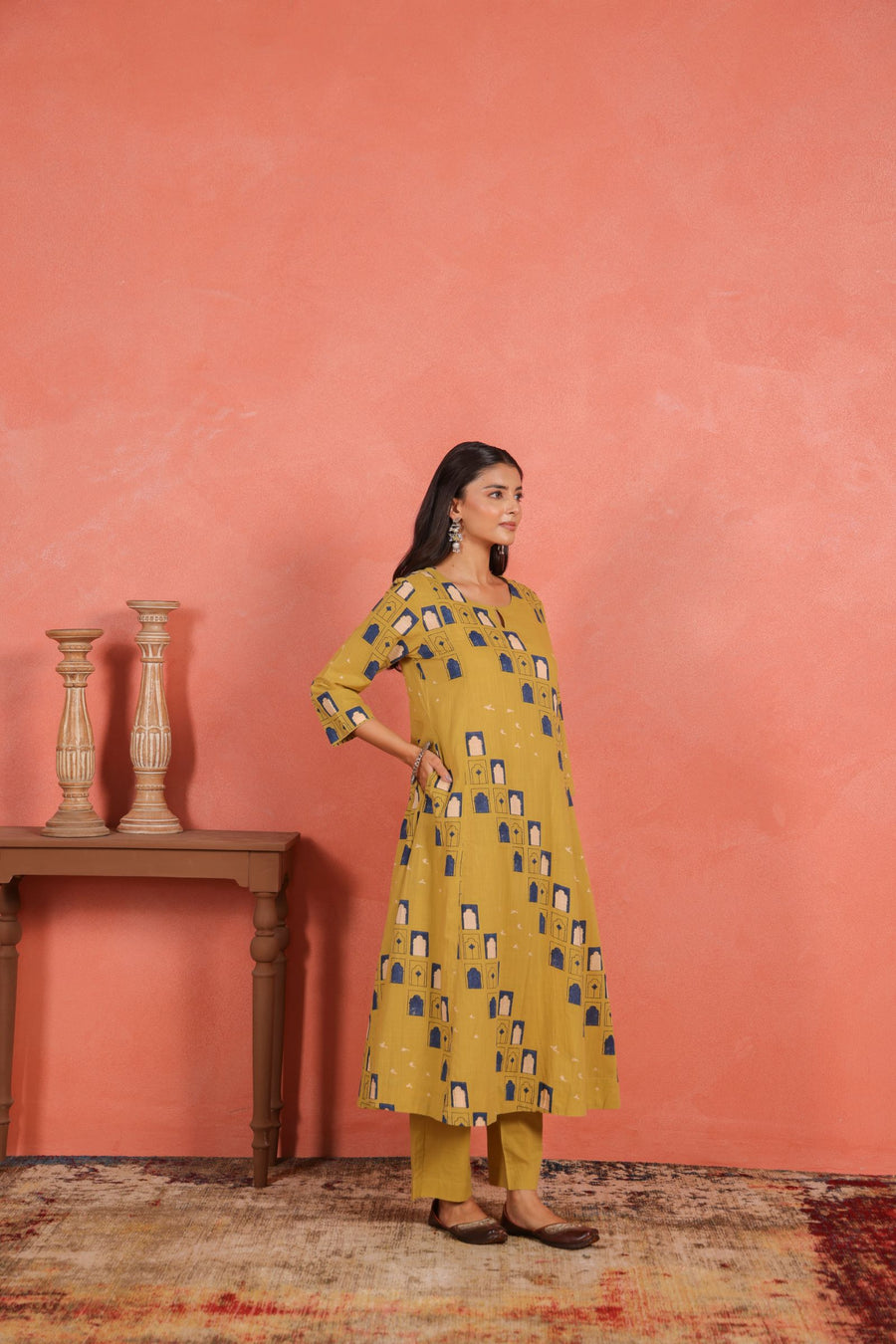 Yellow Cotton Slub Comfort Fit A-Line Kurta with Printed Pants