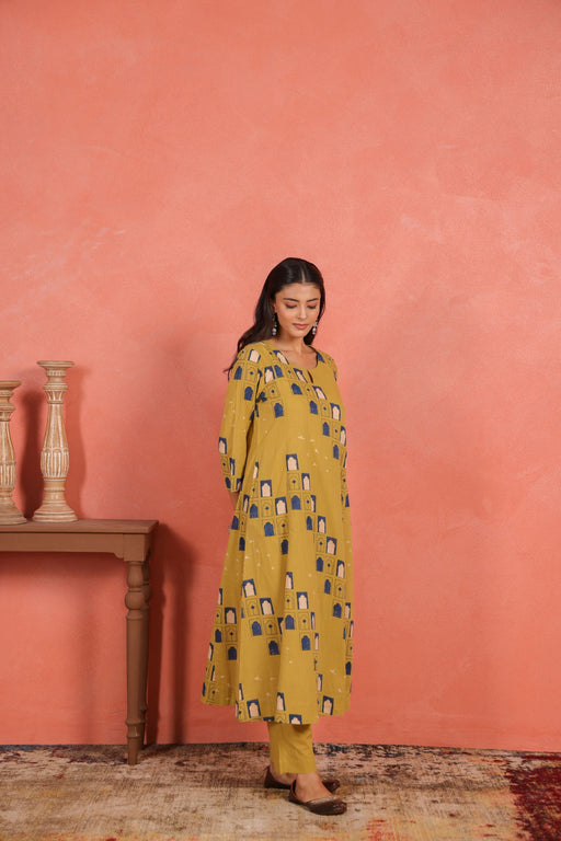 Yellow Cotton Slub Comfort Fit A-Line Kurta with Printed Pants