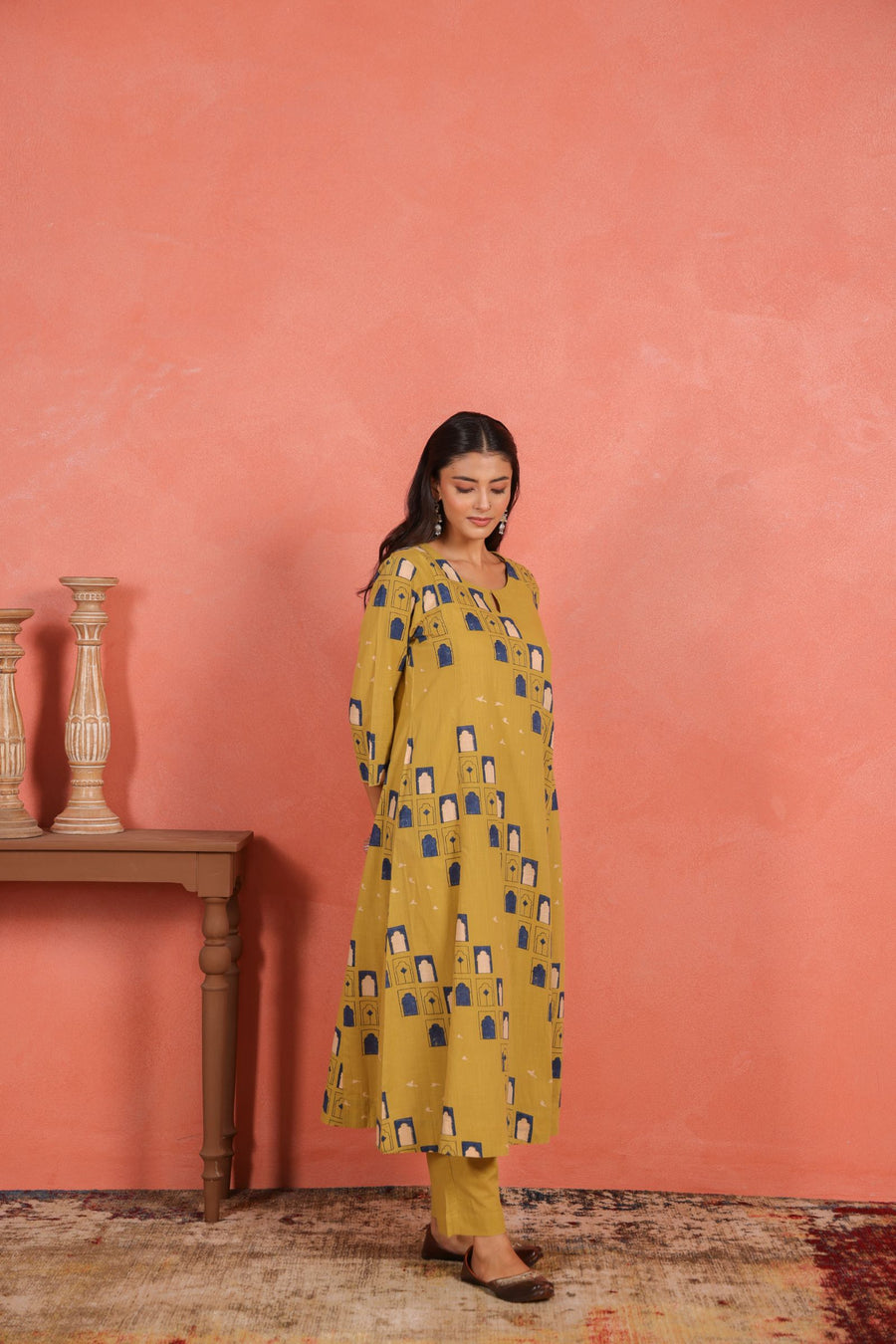 Yellow Cotton Slub Comfort Fit A-Line Kurta with Printed Pants