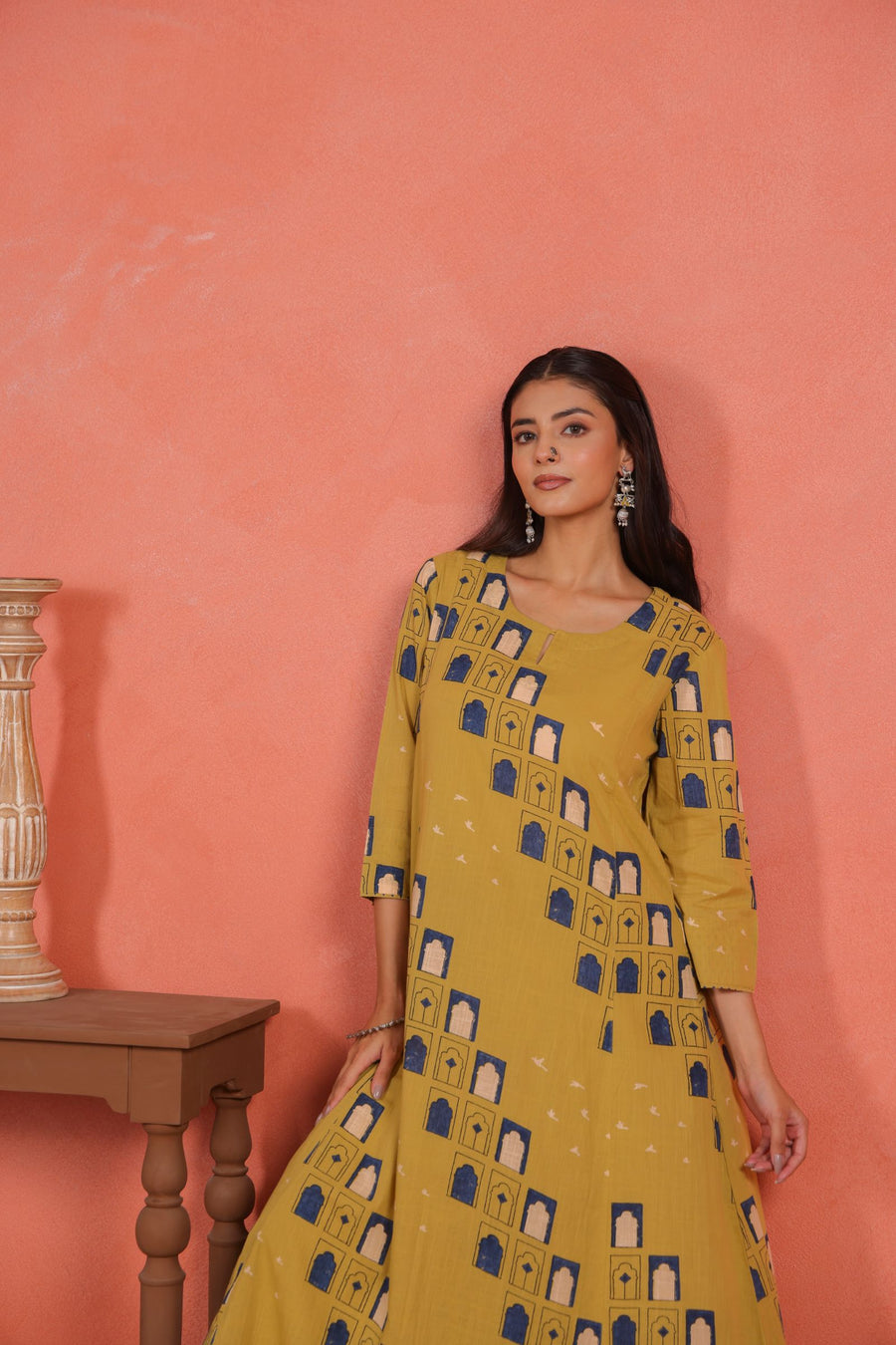 Yellow Cotton Slub Comfort Fit A-Line Kurta with Printed Pants