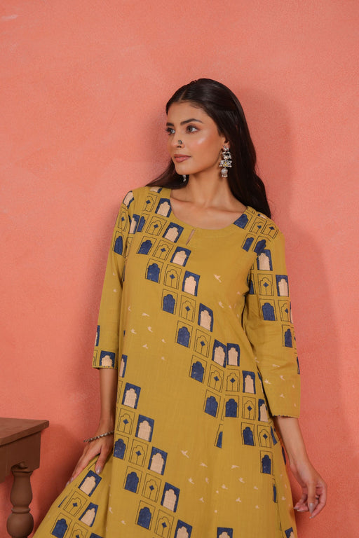 Yellow Cotton Slub Comfort Fit A-Line Kurta with Printed Pants