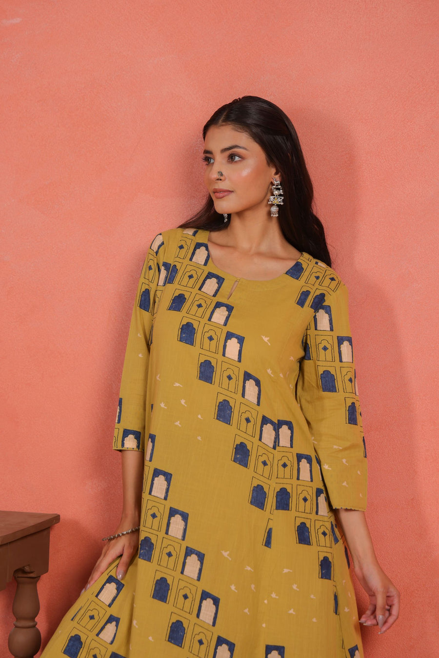 Yellow Cotton Slub Comfort Fit A-Line Kurta with Printed Pants