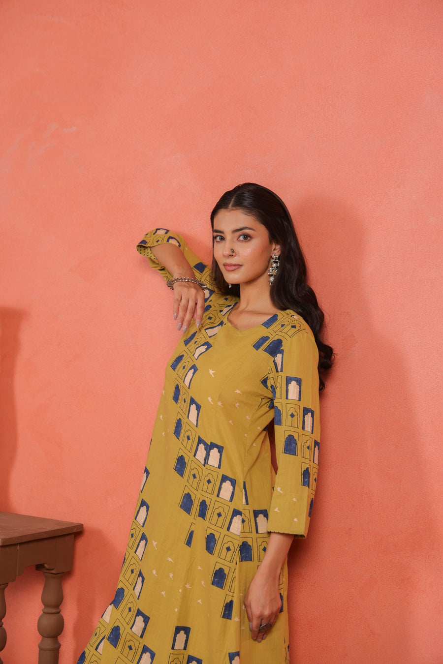 Yellow Cotton Slub Comfort Fit A-Line Kurta with Printed Pants