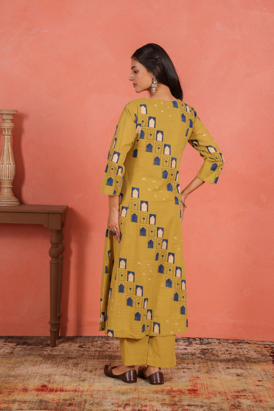 Yellow Cotton Slub Comfort Fit A-Line Kurta with Printed Pants