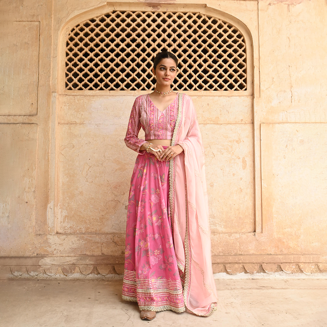 Pink Mulmul Embroidered & Gota Work Lehenga Blouse Set With Dupatta