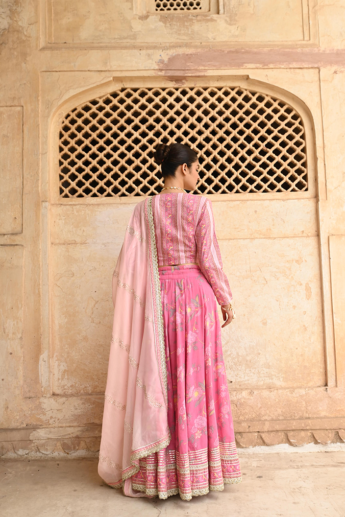 Pink Mulmul Embroidered & Gota Work Lehenga Blouse Set With Dupatta