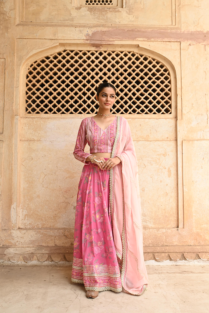 Pink Mulmul Embroidered & Gota Work Lehenga Blouse Set With Dupatta