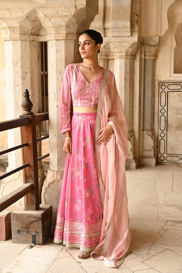 Pink Mulmul Embroidered & Gota Work Lehenga Blouse Set With Dupatta