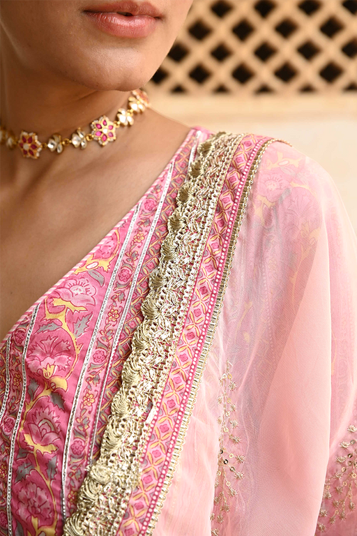 Pink Mulmul Embroidered & Gota Work Lehenga Blouse Set With Dupatta
