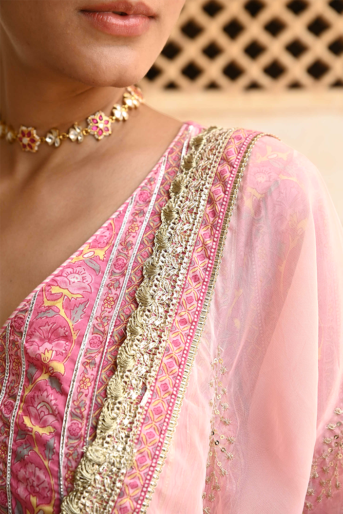 Pink Mulmul Embroidered & Gota Work Lehenga Blouse Set With Dupatta