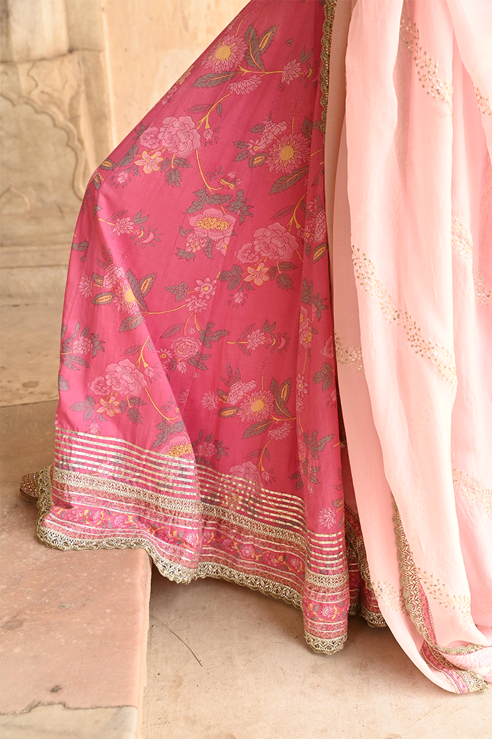 Pink Mulmul Embroidered & Gota Work Lehenga Blouse Set With Dupatta