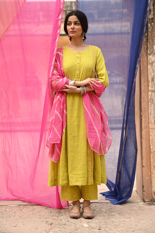 Lime Green Embroidered Kurta Pant Set with Dupatta