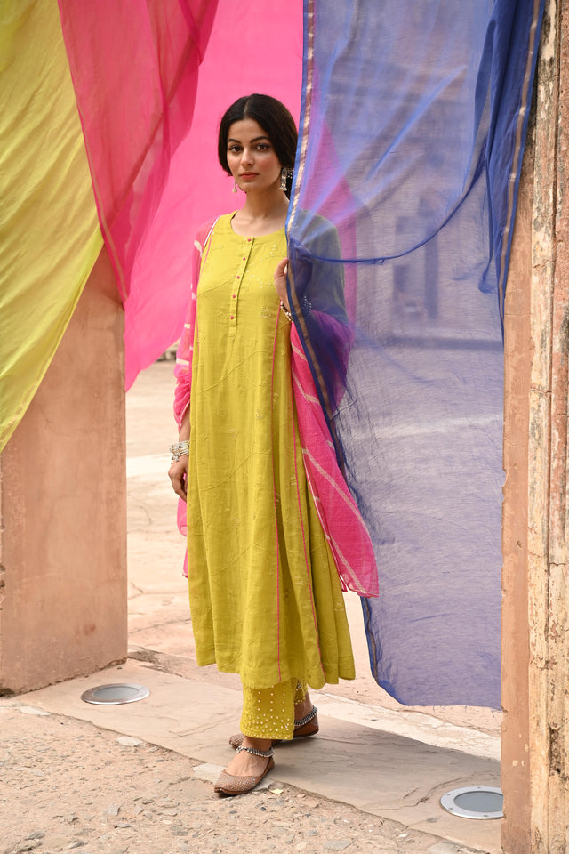 Lime Green Embroidered Kurta Pant Set with Dupatta