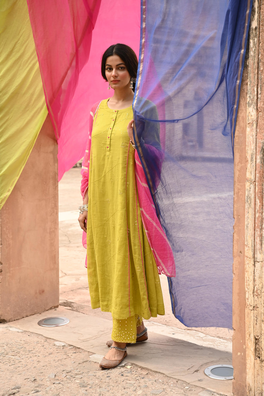 Lime Green Embroidered Kurta Pant Set with Dupatta