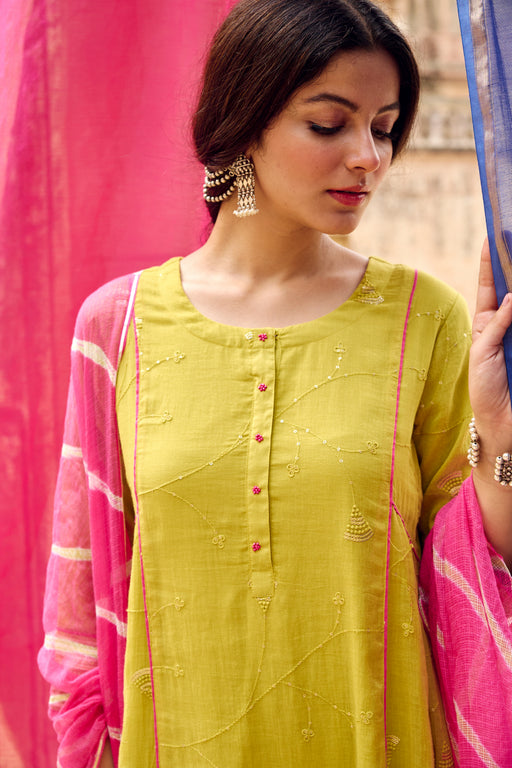 Lime Green Embroidered Kurta Pant Set with Dupatta