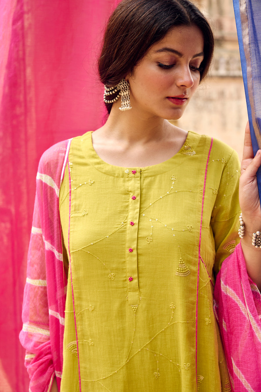 Lime Green Embroidered Kurta Pant Set with Dupatta
