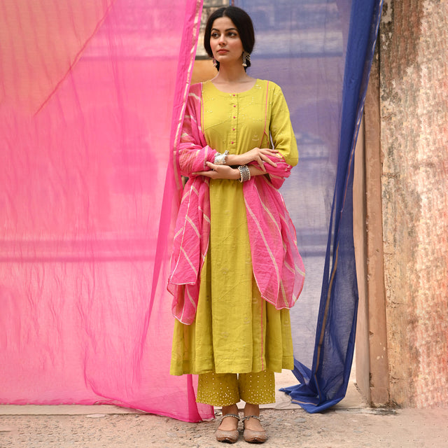 Lime Green Embroidered Kurta Pant Set with Dupatta
