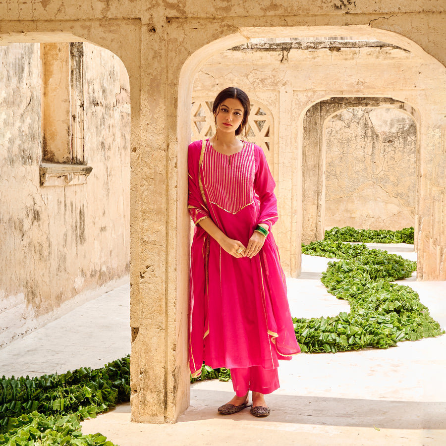 Rani Chanderi Gota Embellished Kurta Pant Set with Dupatta