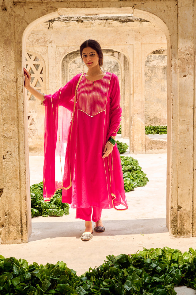 Rani Chanderi Gota Embellished Kurta Pant Set with Dupatta