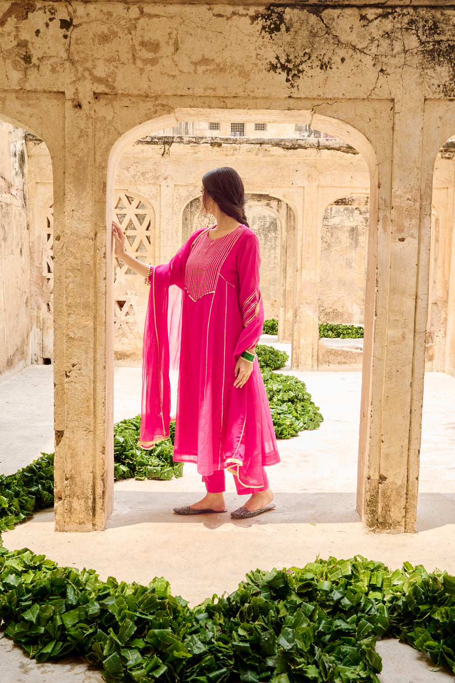 Rani Chanderi Gota Embellished Kurta Pant Set with Dupatta