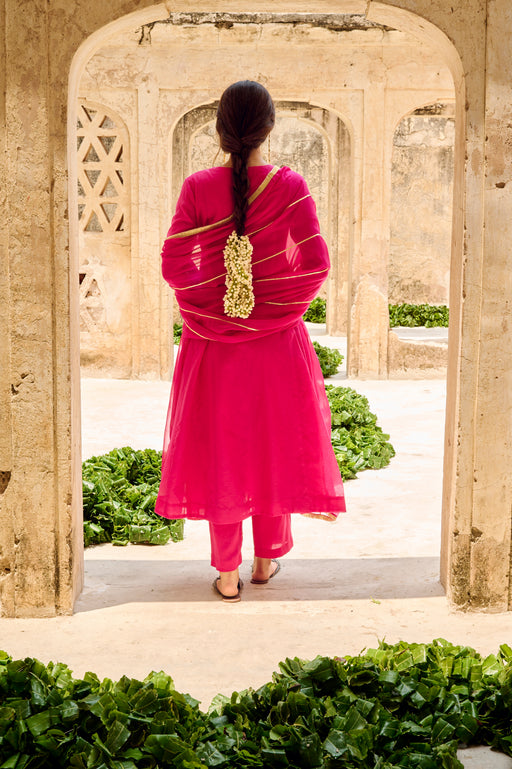 Rani Chanderi Gota Embellished Kurta Pant Set with Dupatta