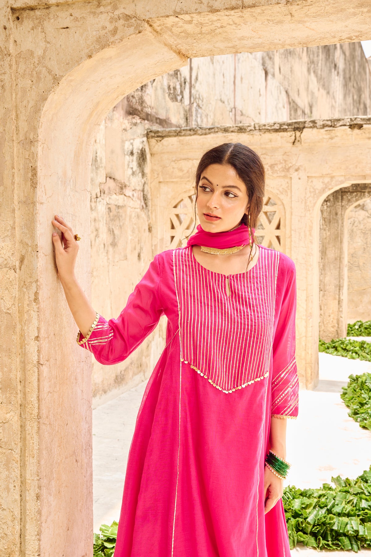 Rani Chanderi Gota Embellished Kurta Pant Set with Dupatta