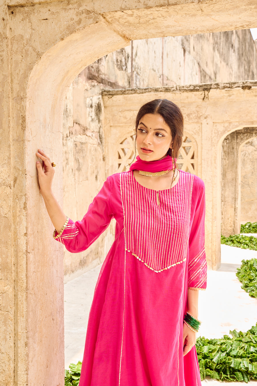 Rani Chanderi Gota Embellished Kurta Pant Set with Dupatta
