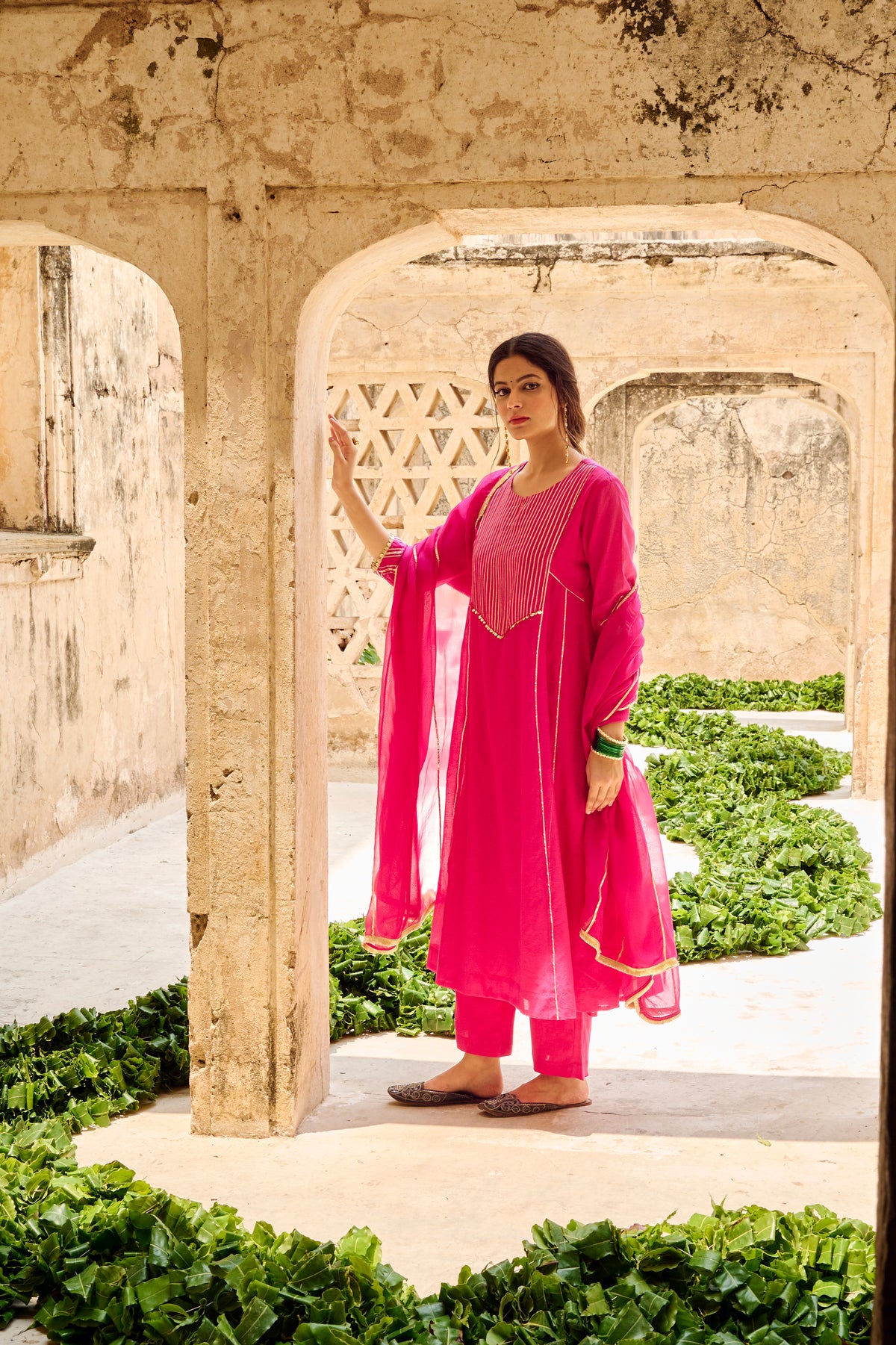 Rani Chanderi Gota Embellished Kurta Pant Set with Dupatta