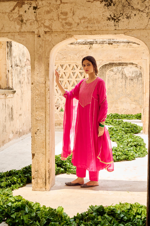 Rani Chanderi Gota Embellished Kurta Pant Set with Dupatta