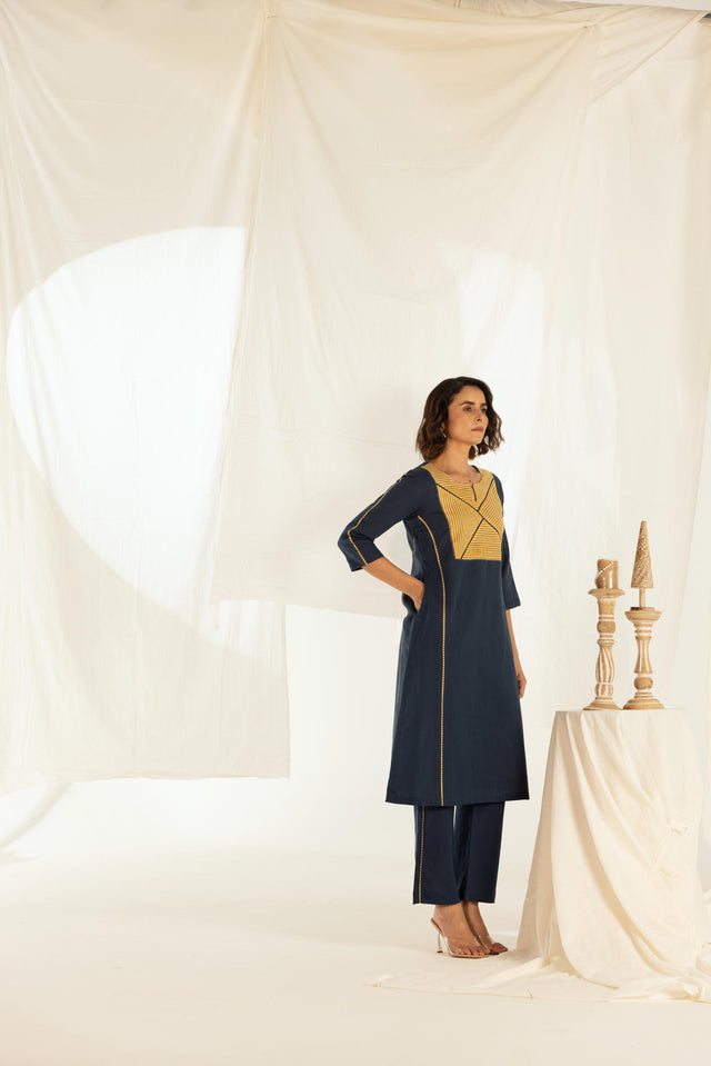 Indigo Linen Asymmetrical Stripped Yoke Kurta Pant Set