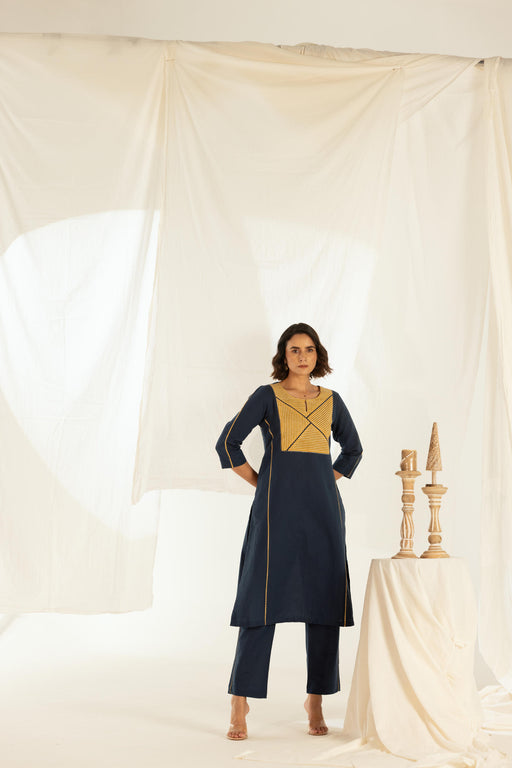 Indigo Linen Asymmetrical Stripped Yoke Kurta Pant Set