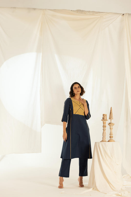 Indigo Linen Asymmetrical Stripped Yoke Kurta Pant Set