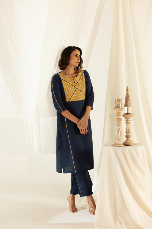 Indigo Linen Asymmetrical Stripped Yoke Kurta Pant Set