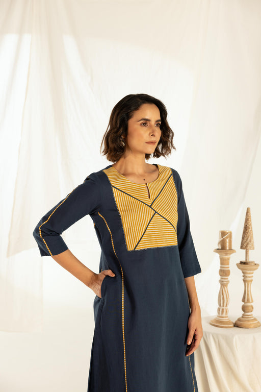 Indigo Linen Asymmetrical Stripped Yoke Kurta Pant Set