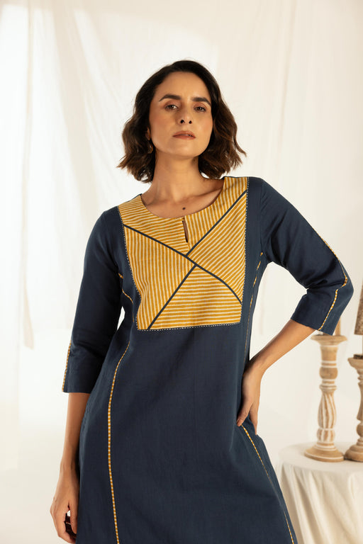Indigo Linen Asymmetrical Stripped Yoke Kurta Pant Set