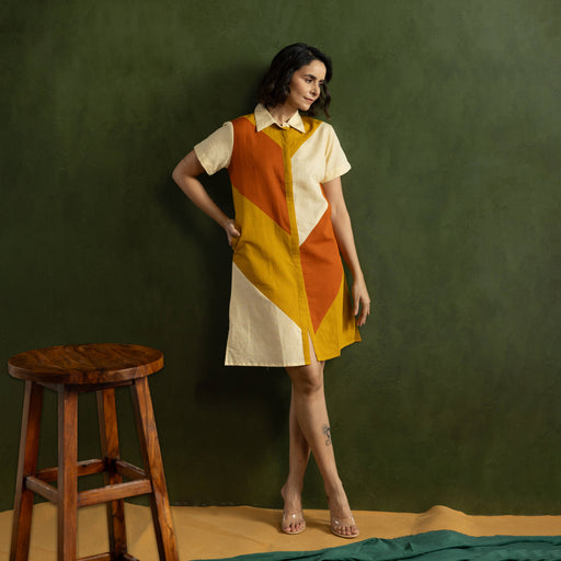 Orange Colour Block Cotton Linen Shirt Collar Dress