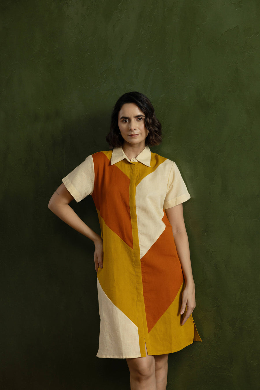 Orange Colour Block Cotton Linen Shirt Collar Dress